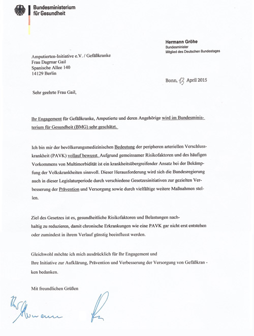 Brief Bundesminister fuer Gesundheit - Hermann Groehe